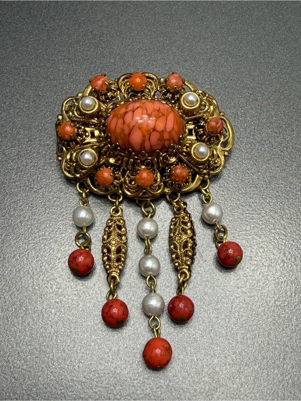 🎉🎂🎊Vintage Czech Brooch with Orange Coral Cabochons and Pearl Drops